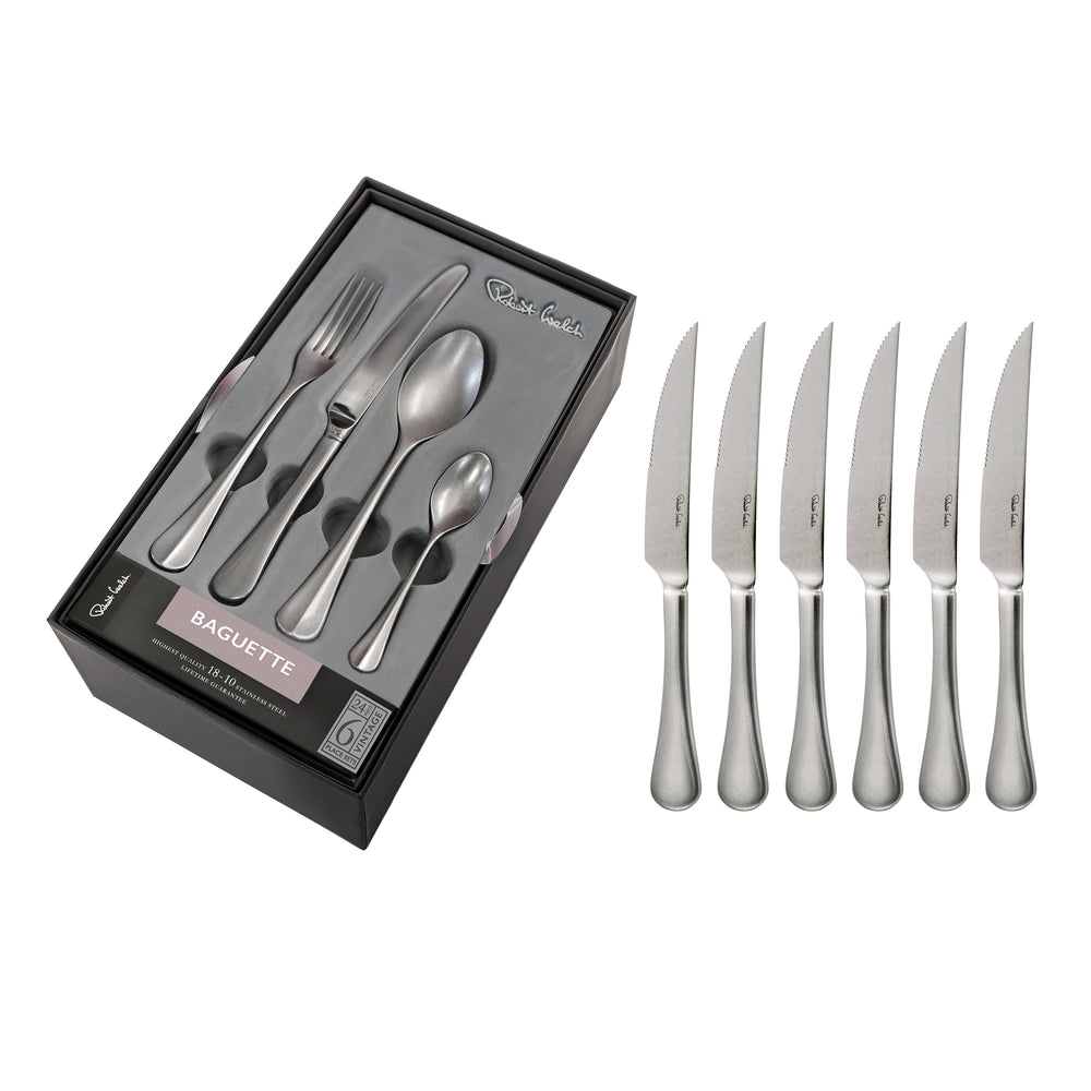 Baguette Vintage Cutlery Set, 24 Piece for 6 People - 6 Free Steak Knives