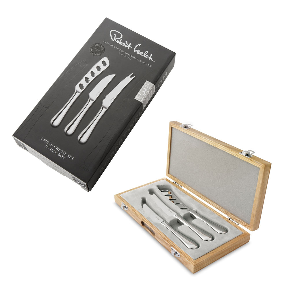 Radford Bright Cheese Knife Set with Oak Pebble Chopping Board 32cm, 3 Piece Set